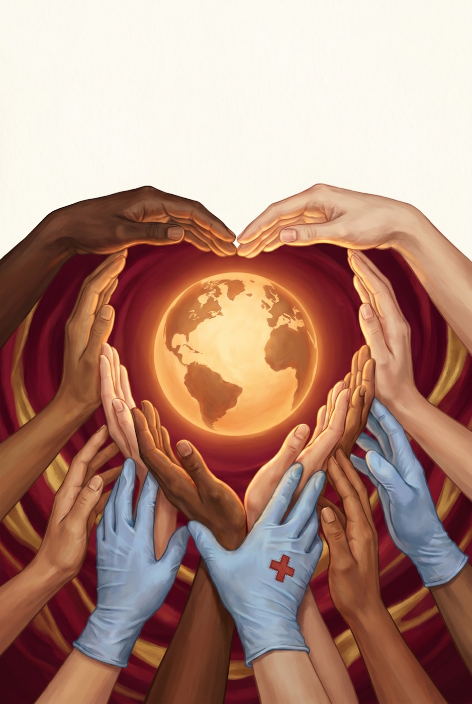 Hands of many nations holding the world